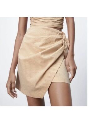 Zara Draped Pinstripe Asymmetric Bow Skirt in Beige Small